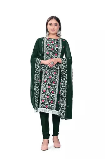 Women's green unstitched heavy thread embrodiery with embroidered dupatta georgette dress material (m-cp9013grn)