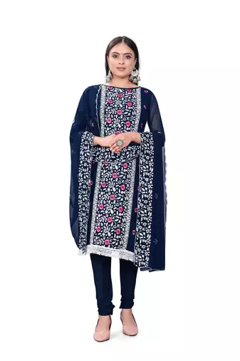 Women's blue unstitched heavy thread embrodiery with embroidered dupatta georgette dress material 