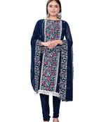 Women's blue unstitched heavy thread embrodiery with embroidered dupatta georgette dress material 