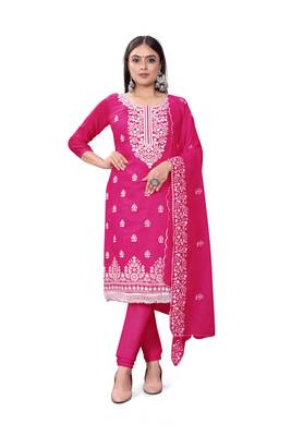Women's magenta heavy thread embrodiery with embroidered dupatta chanderi cotton dress material 1