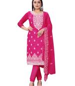 Women's magenta unstitched heavy thread embrodiery with embroidered dupatta chanderi cotton dress material 