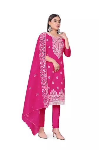 Women's magenta heavy thread embrodiery with embroidered dupatta chanderi cotton dress material