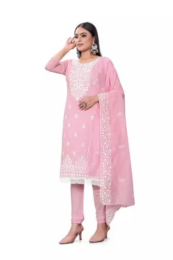 Women's baby pink heavy embrodiery with embroidered dupatta chanderi cotton dress material