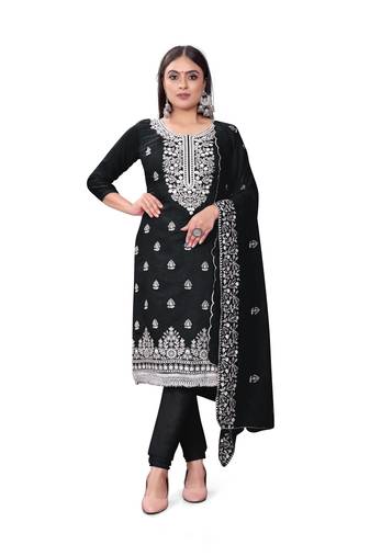 Women's black unstitched heavy thread embrodiery with embroidered dupatta chanderi cotton dress material (m-cp9009blk)