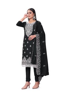 Women's black heavy thread embrodiery with embroidered dupatta chanderi cotton dress material 2