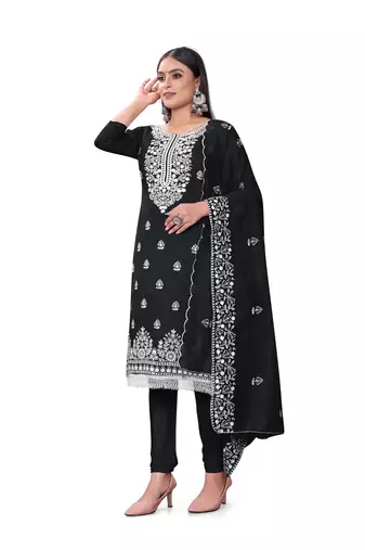 Women's black heavy thread embrodiery with embroidered dupatta chanderi cotton dress material