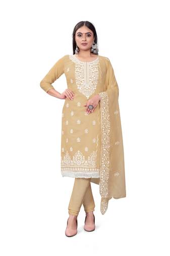 Women's beige unstitched heavy thread embrodiery with embroidered dupatta chanderi cotton dress material (m-cp9009bge)