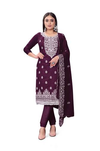 Women's purple unstitched heavy thread embrodiery with embroidered dupatta chanderi cotton dress material (m-cp9009prpl)