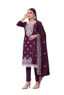 Women's purple heavy thread embrodiery with embroidered dupatta chanderi cotton dress material 2