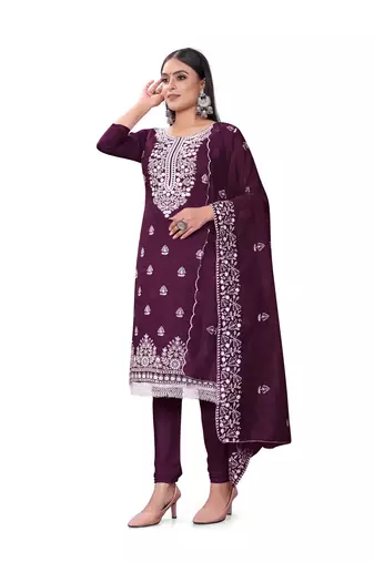 Women's purple heavy thread embrodiery with embroidered dupatta chanderi cotton dress material