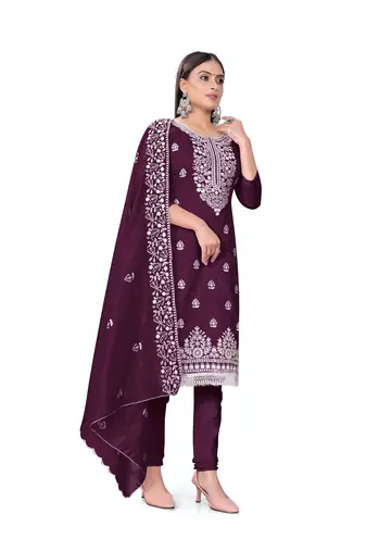 Women's purple heavy thread embrodiery with embroidered dupatta chanderi cotton dress material
