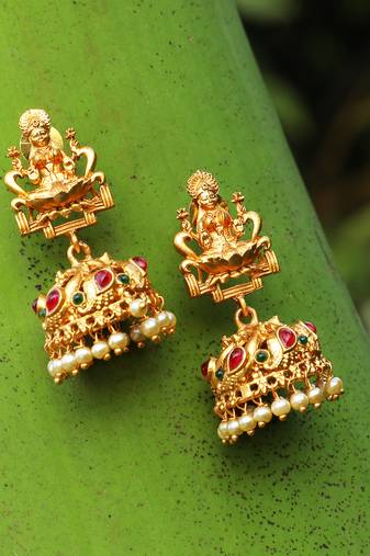 24ct gold-plated stone-studded temple shaped jhumkas