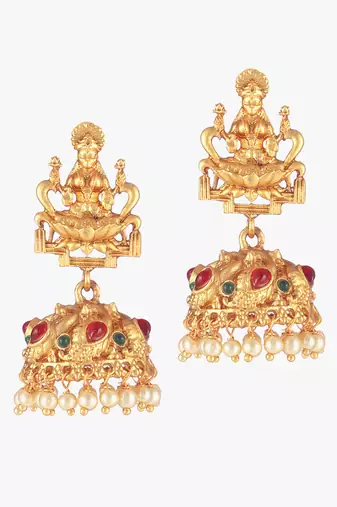 24ct gold-plated stone-studded temple shaped jhumkas