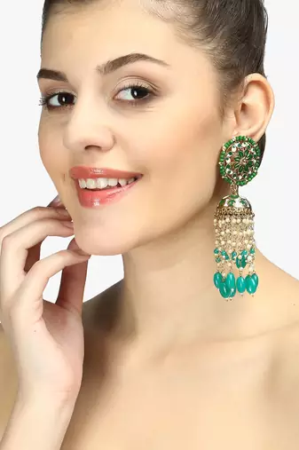 Gold plated beautiul pearl and enameld handcrafted jhumkas