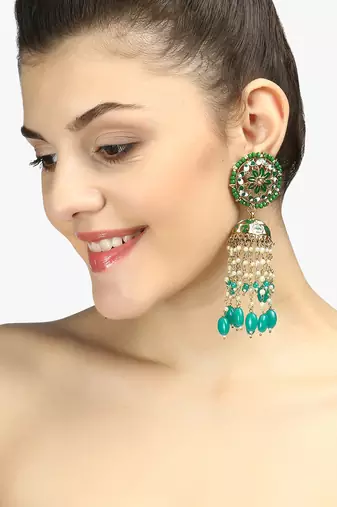 Gold plated beautiul pearl and enameld handcrafted jhumkas