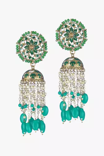 Gold plated beautiul pearl and enameld handcrafted jhumkas