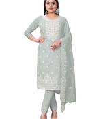 Women's grey unstitched heavy thread embrodiery with embroidered dupatta chanderi cotton dress material