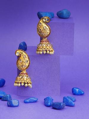 Women gold-plated stone studded carry-shaped jhumkas copper jhumki earring 1