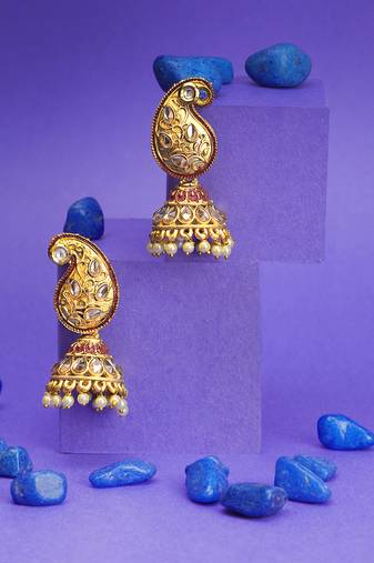 Women gold-plated stone studded carry-shaped jhumkas copper jhumki earring