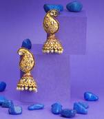 Women gold-plated stone studded carry-shaped jhumkas copper jhumki earring
