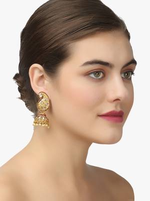 Women gold-plated stone studded carry-shaped jhumkas copper jhumki earring 2