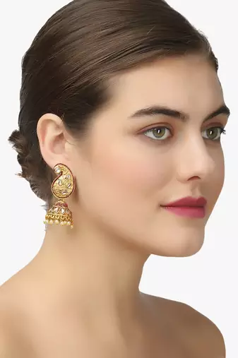 Women gold-plated stone studded carry-shaped jhumkas copper jhumki earring