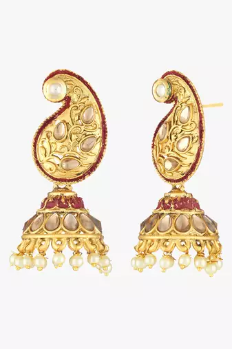 Women gold-plated stone studded carry-shaped jhumkas copper jhumki earring