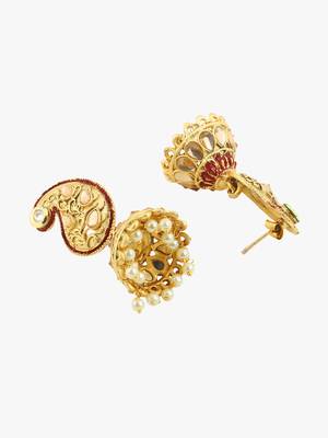 Women gold-plated stone studded carry-shaped jhumkas copper jhumki earring 4