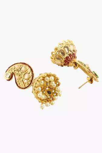 Women gold-plated stone studded carry-shaped jhumkas copper jhumki earring