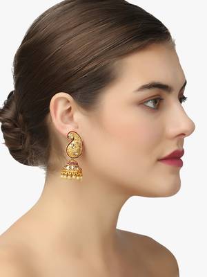 Women gold-plated stone studded carry-shaped jhumkas copper jhumki earring 5