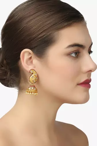 Women gold-plated stone studded carry-shaped jhumkas copper jhumki earring