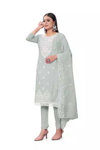 Women's grey heavy thread embrodiery with embroidered dupatta chanderi cotton dress material