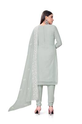 Women's grey heavy thread embrodiery with embroidered dupatta chanderi cotton dress material 3