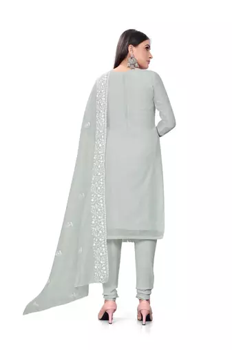 Women's grey heavy thread embrodiery with embroidered dupatta chanderi cotton dress material