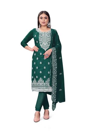 Women's green unstitched heavy thread embrodiery with embroidered dupatta chanderi cotton dress material 