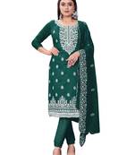 Women's green heavy thread embrodiery with embroidered dupatta chanderi cotton dress material