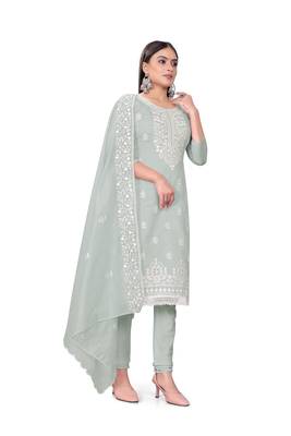 Women's grey heavy thread embrodiery with embroidered dupatta chanderi cotton dress material 4