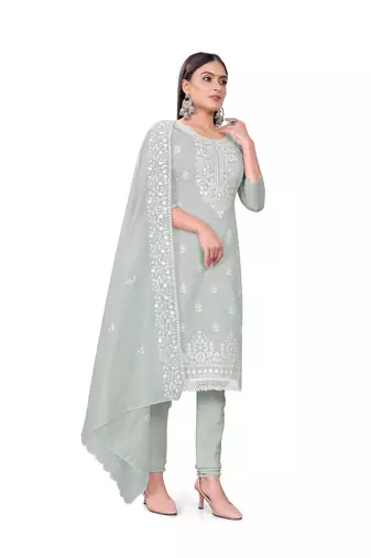 Women's grey heavy thread embrodiery with embroidered dupatta chanderi cotton dress material