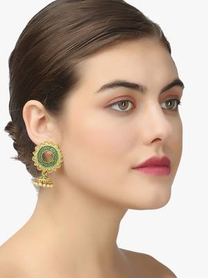 Women 24 ct gold-plated flower shaped stone studded dome-shaped earring 2
