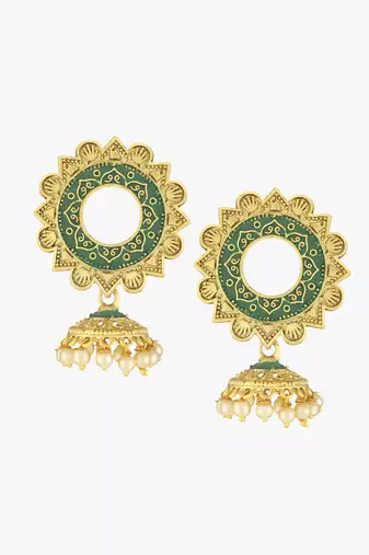 Women 24 ct gold-plated flower shaped stone studded dome-shaped earring