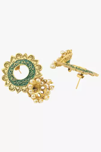 Women 24 ct gold-plated flower shaped stone studded dome-shaped earring