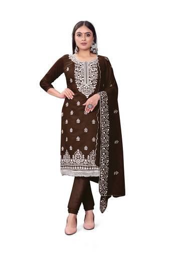 Women's brown unstitched heavy thread embrodiery with embroidered dupatta chanderi cotton dress material (m-cp9009bwn)