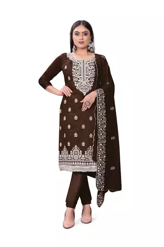 Women's brown unstitched heavy thread embrodiery with embroidered dupatta chanderi cotton dress material (m-cp9009bwn)
