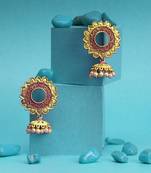 Women 24 ct gold-plated flower shaped stone studded dome-shaped jhumkas copper jhumki earring