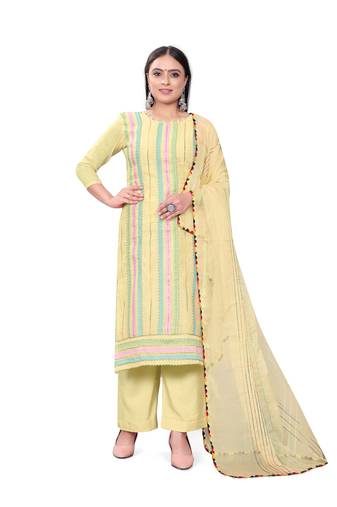 Women's yellow unstitched heavy thread embrodiery with embroidered dupatta chanderi cotton dress material (m-cp9006ylw)