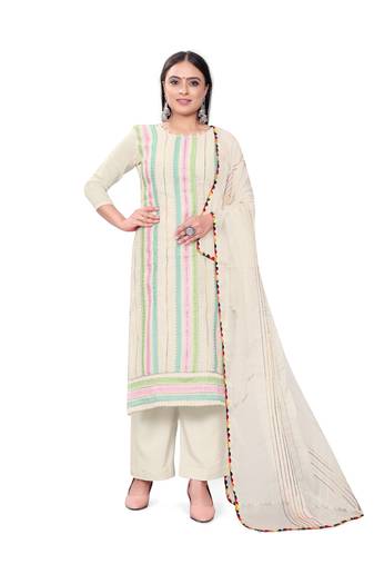 Women's off white unstitched heavy embrodiery with embroidered dupatta chanderi cotton dress material 