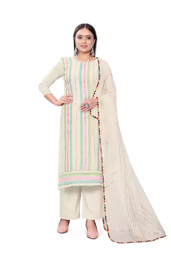 Women's off white unstitched heavy embrodiery with embroidered dupatta chanderi cotton dress material 