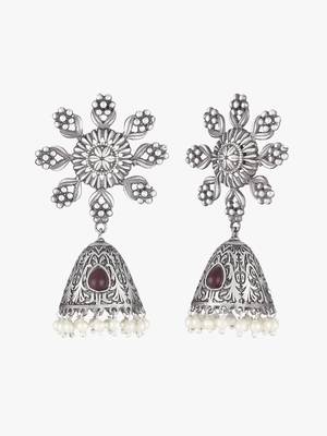 Women oxidised silver-plated flower shape earring 5
