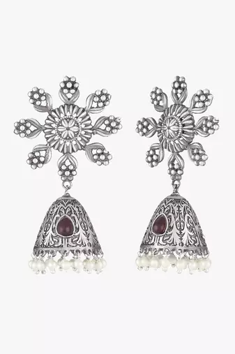Women oxidised silver-plated flower shape earring
