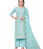 Women's sea green heavy thread embrodiery with dupatta chanderi cotton dress material